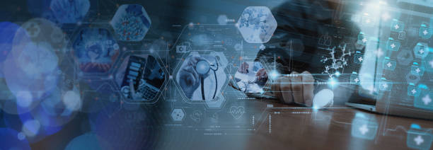 istock Medicine doctor using modern Vr computer diagnose virtual electronic medical record of patient on interface.Digital healthcare and network on modern virtual screen, 3d DNA molecule technology and futuristic concept. 1424326922