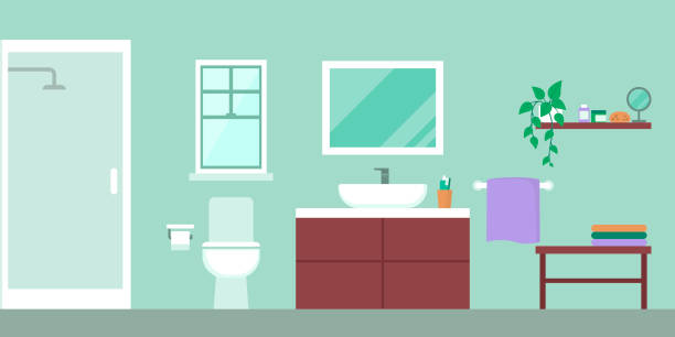 Bathroom interior with detergents and plant Modern bathroom interior with shower, toilet, sink and detergents vanity mirror stock illustrations