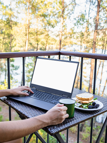 Girl's arms teleworking on a terrace in front of a forest and a lake, digital nomad, teleworking.