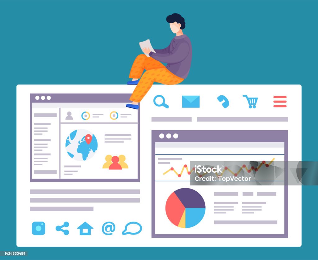 Worker Making Web Analytics Using Chart Diagram Graph Two Webpages With ...