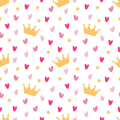 Seamless pattern with doodle gold crowns, hearts and stars. Vector baby girl wallpaper, Little princess design.  Can be used to design children's clothing, birthday invitation.