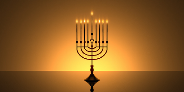 3d rendering image of jewish holiday Hanukkah background with menorah (traditional candelabra) and burning candles