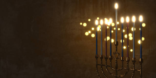 rendu 3d image discrète de la fête juive de hanoukka arrière-plan avec menorah (candélabre traditionnel) et bougies allumées. - hanukkah photos et images de collection