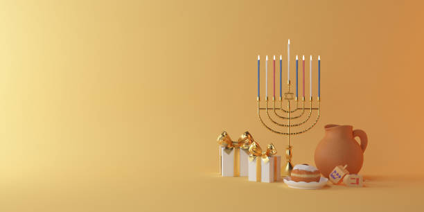 3d rendering Image of Jewish holiday Hanukkah with menorah or traditional Candelabra,gif box, donuts and wooden dreidels orspinning top, doughnut on a yellow background. 3d rendering Image of Jewish holiday Hanukkah with menorah or traditional Candelabra,gif box, donuts and wooden dreidels orspinning top, doughnut on a yellow background. hanukkah candles stock pictures, royalty-free photos & images