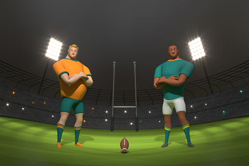 3d rendering Rugby players on professional rugby stadium
