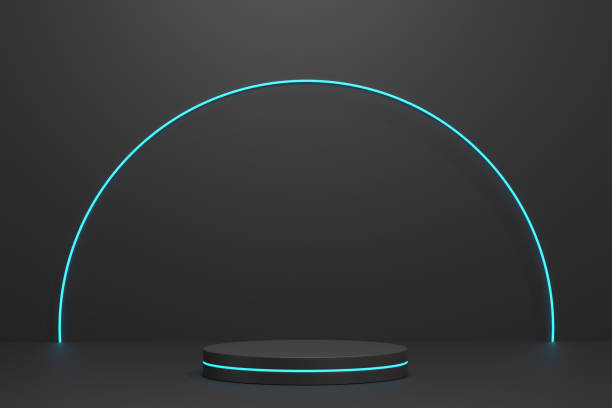 istock 3D illustration. Mockup podium, geometrical abstract composition for products with neon lights on black background, 3d rendering 1424334187