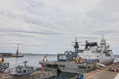 Odessa, Ukraine - July 27, 2021: Military vessel NATO in Odessa sea port.