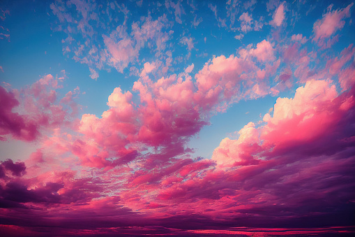 Vibrant colors background photo of the awe-inspiring beauty of the sky as the sun sets after a tropical storm, painting it in a vibrant array of colors. From shades of blue and orange forming a border at sunrise to a colorful burning sky with hues of red, blue, purple, yellow, pink, and orange at sunset, the sky becomes an exquisite canvas of nature's artistry. This amazing cloudscape, with its interplay of light and shadow, captures the essence of tranquility and wonder as the day transitions into twilight.\