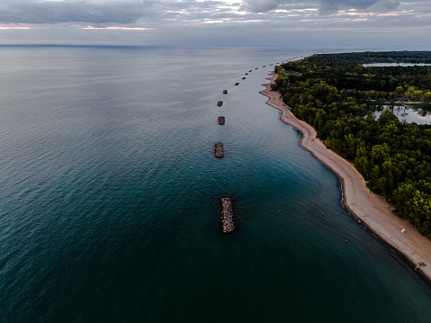 Drone shot of Presque Isle in Erie PA