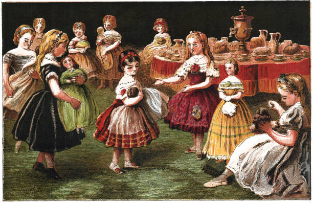 illustrazioni stock, clip art, cartoni animati e icone di tendenza di cromolitografia di ragazze vittoriane e le loro bambole a un tea party - 1866