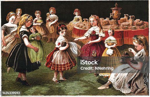 istock chromolithograph of Victorian girls and their dolls at a tea party 1424339592
