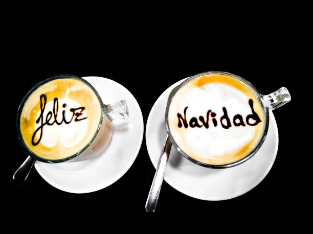 istock Coffee cups with lettering latte art merry christmas 1424342573