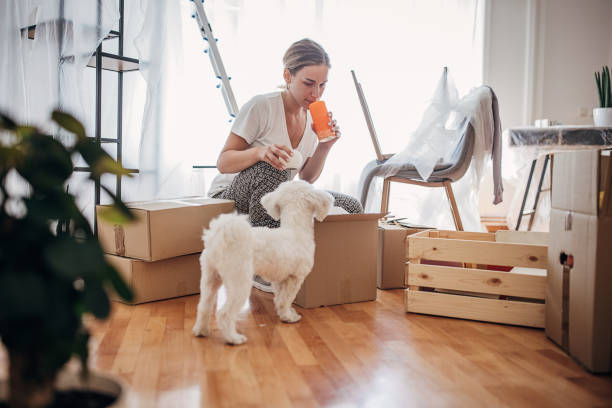istock Woman unpacking in new home 1424343843