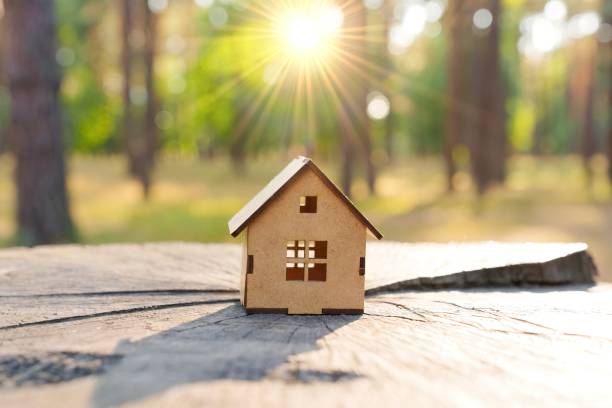 istock Toy house on a tree stump outdoors at sunrise 1424344193