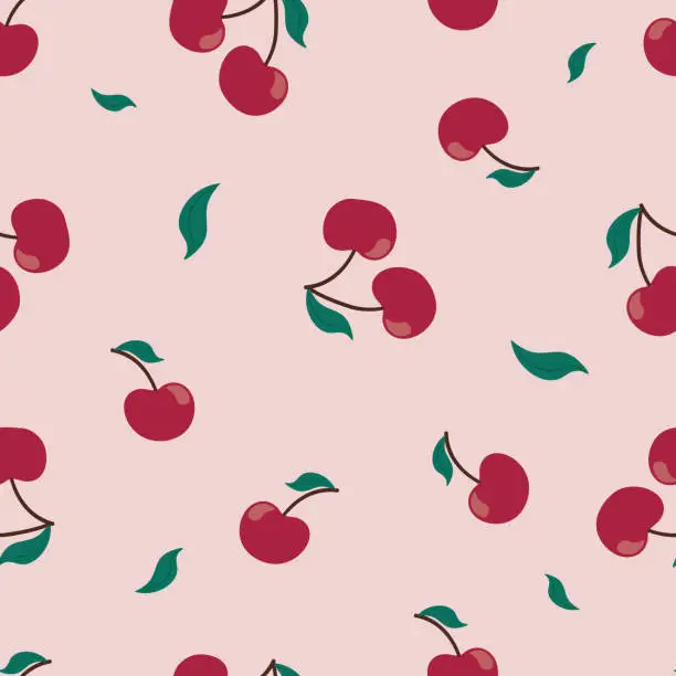 Vector illustration of Simple seamless red cherry pattern on light pink background. Good for wrapping paper, textile fabric print vector illustration. Cherry berry seamless pattern.