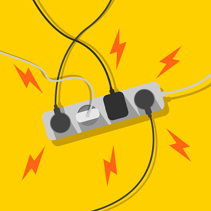 Short circuit. Electric overload. Power strip. Cable management. A mess of cables from extension cord, electrical wires, cords and chargers on a yellow background. Vector illustration.