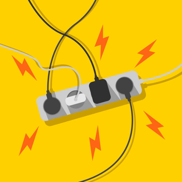 short circuit Short circuit. Electric overload. Power strip. Cable management. A mess of cables from extension cord, electrical wires, cords and chargers on a yellow background. Vector illustration. power cable illustrations stock illustrations