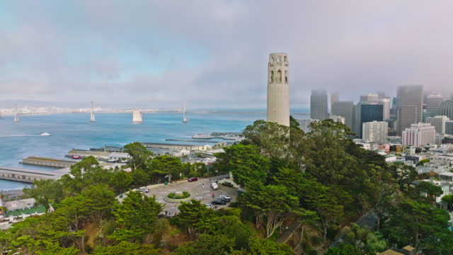San Francisco cityscape with white tall historic building of Coit Tower