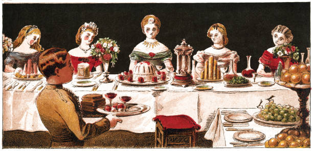 ilustrações de stock, clip art, desenhos animados e ícones de chromolithograph of victorian dolls having a tea party - 1866