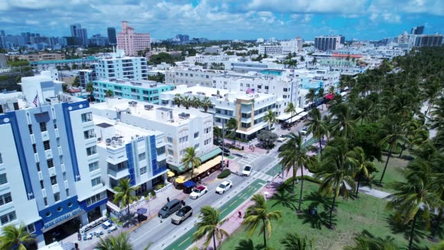 Aerial view of historic downtown district of Miami Beach Florida USA.