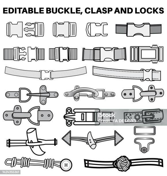 Buckles Sliders And Clasps Flat Sketch Vector Illustration Set Different  Types Bag Accessories Locks And Buckles For Back Packs Climbing Equipment  Garments Dress Fasteners And Clothing Belt Stock Illustration - Download  Image
