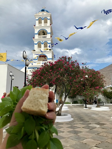 Greece- Santorini - Perissa - Church of the Holy Cross - bread and basil