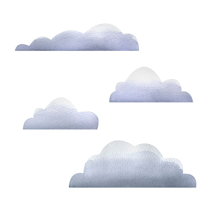 Abstract, stylized clouds, cartoon, simple. Watercolor illustration. Isolated objects on a white background from a large VALENTINE's DAY set. For decoration, design and compositions