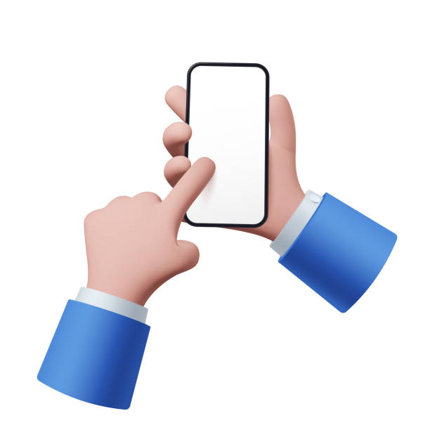 istock 3D illustration of hand holding smartphone with blank screen. Finger touching smartphone screen. Isolated on white background. Vector eps 10 1424361205