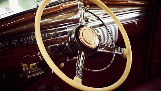 Close-Up Of Steering Wheel In Vintage Car