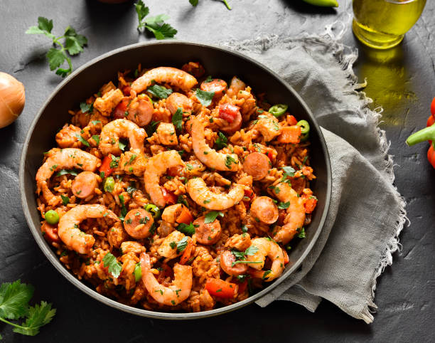 Jambalaya with chicken, smoked sausages and vegetables