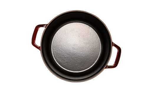 Empty cast iron pot top view, isolated on white background