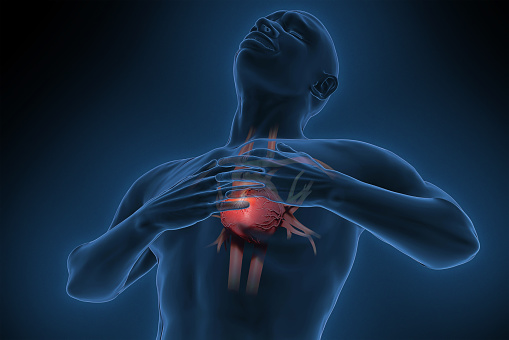 3D Render Illustration of a man clutching his chest in pain.