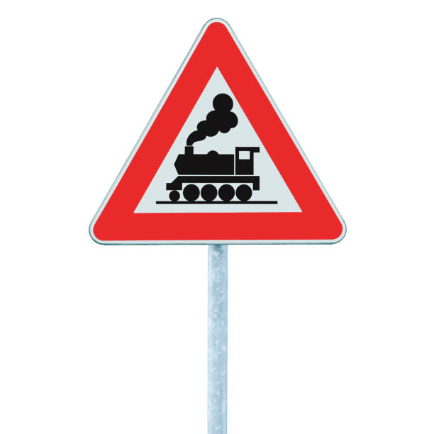 ilustrações de stock, clip art, desenhos animados e ícones de railroad level crossing road sign without barrier or gate ahead, isolated beware of train roadside signage, grey pole post, large detailed vertical closeup - railroad crossing railway signal gate nobody