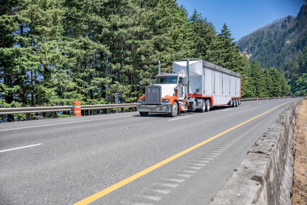 istock Day cab classic powerful big rig two color semi truck transporting cargo in covered bulk deep semi trailer driving on the highway road 1424374437