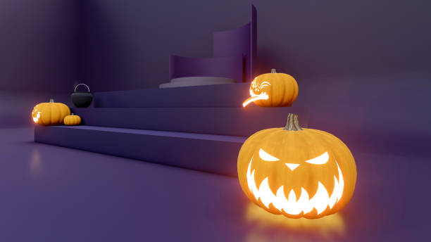 istock 3d render, 3d representation, purple and black podium and minimal abstract background for Halloween, 1424375704