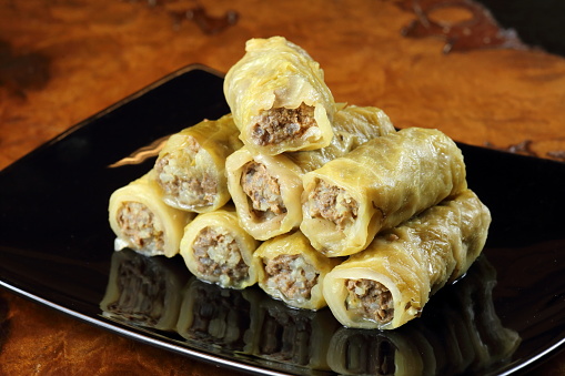 Cabbage cigars stuffed with ground beef and rice, classic Arabic dish