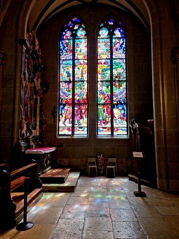 Stained Glass Windows in the main hall of St Giles` Cathedral. The Gothic Church in the center of old town of Edinburgh, Scotland