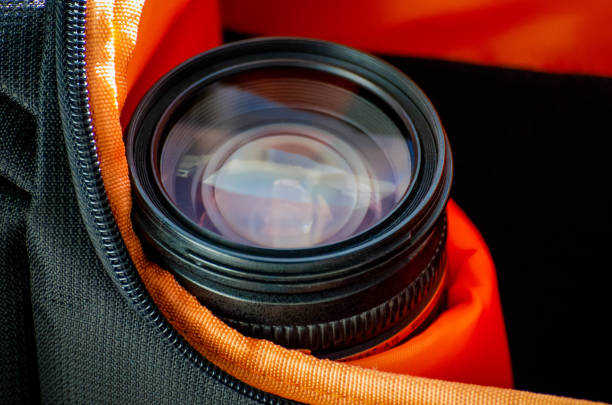 DSLR lens in photography backpack