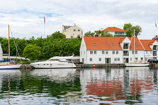 Haugesund Harbour and harbour side buildings, Norway.