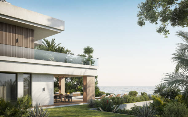 современная вилла с двумя этажами с видом на море - luxury villa стоковые фото и изображения