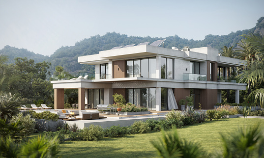 Enormous modern villa with two floors in the middle of big green garden and plants. 3d rendering of large and luxury house.