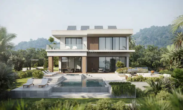 Photo of 3d renders of modern villa with two floors and swimming pool