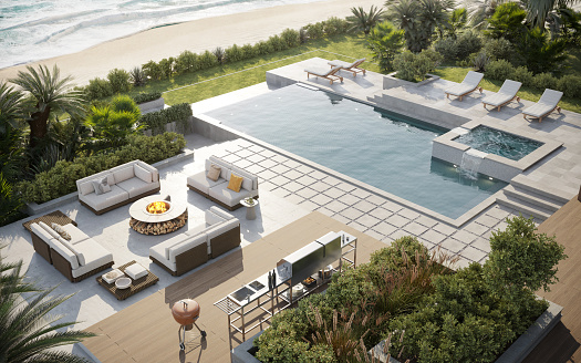 Digitally generated image of luxury house with swimming pool.  Large villa with pool along the beach.