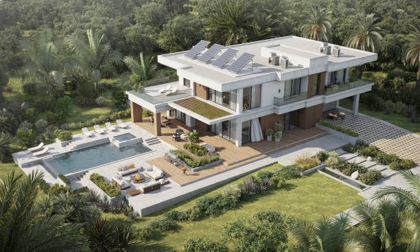 istock Digitally generated image of a big beautiful villa with pool and garden 1424381503