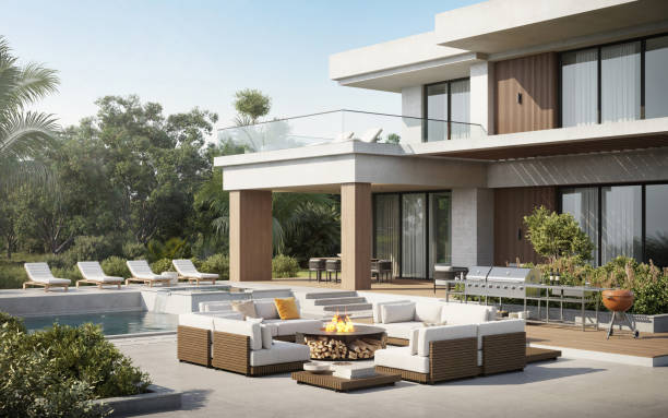 rendering 3d di casa lussuosa e moderna con piscina e ampio patio - swimming pool luxury mansion holiday villa foto e immagini stock
