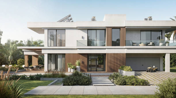 Large villa with two floors and garden in ed Large villa with two floors and garden. 3d rendering of large and luxury house. property styling stock pictures, royalty-free photos & images
