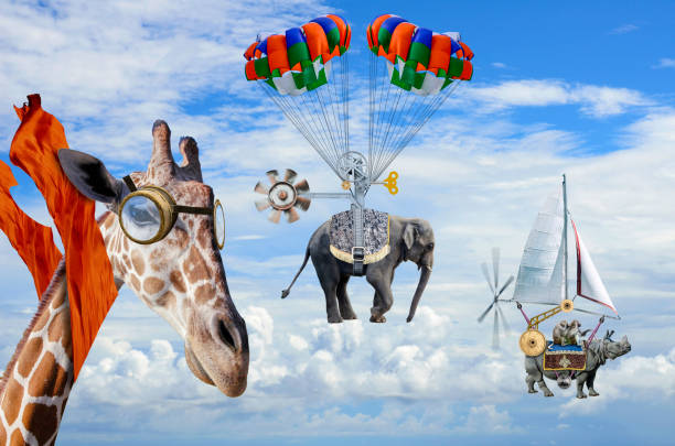Digitally generated with my photographic images.\n\nThe animal kingdom of the Serengeti has been a little bored lately and decided to take flight in the first annual, Race over the Serengeti. The rhinoceros and baboon team a currently sailing in the lead with the elephant and giraffe in hot pursuit.