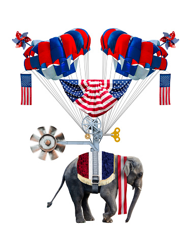 Digitally generated with my photographic images.\n\nThe elephant has been the symbol of the Republican Party since it was shown celebrating Union victories in an advertisement that appeared in 1864. Ready for the next election, the Republican elephant decides to have a little fun and takes flight.