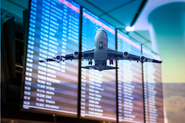 istock Plane and Flight information screens double Exposure Concepts 1424385908