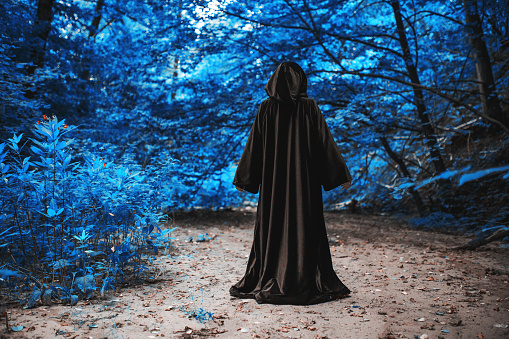 Scary ghost silhouette in black costume. Witchcraft. Halloween outfit. Magical forest. Color manipulation. Black robe